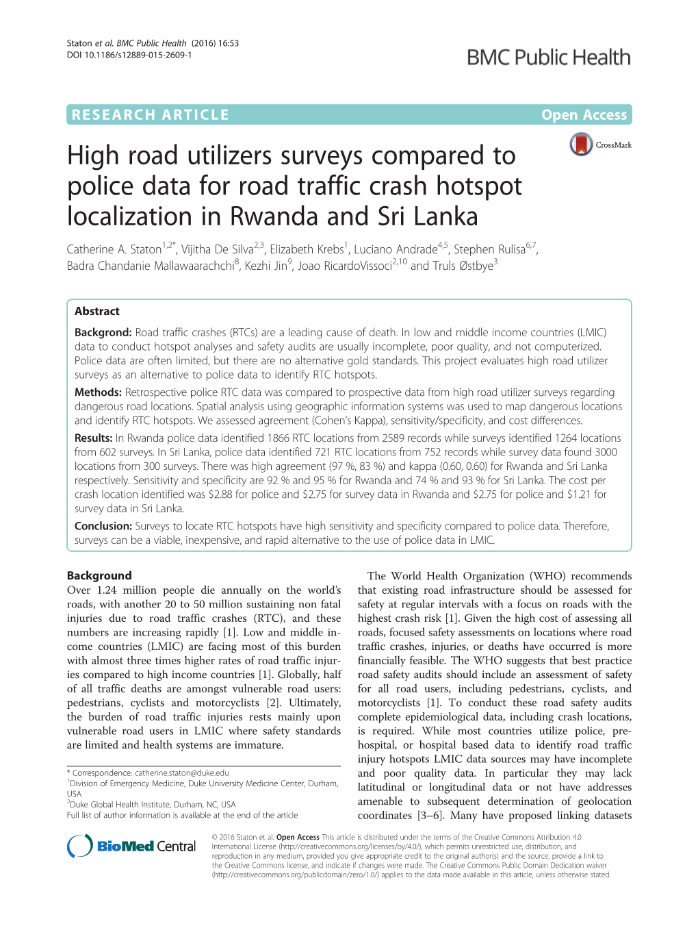 High Road Utilizers Surveys Compared to Police Data for Road Traffic Crash Hotspot Localization in Rwanda and Sri Lanka Catherine A