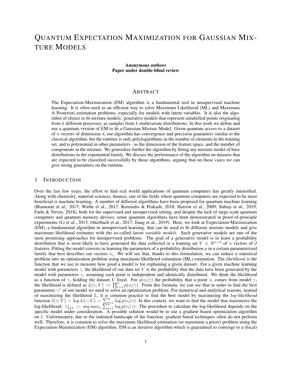 Quantum Expectation Maximization for Gaussian Mix- Ture Models