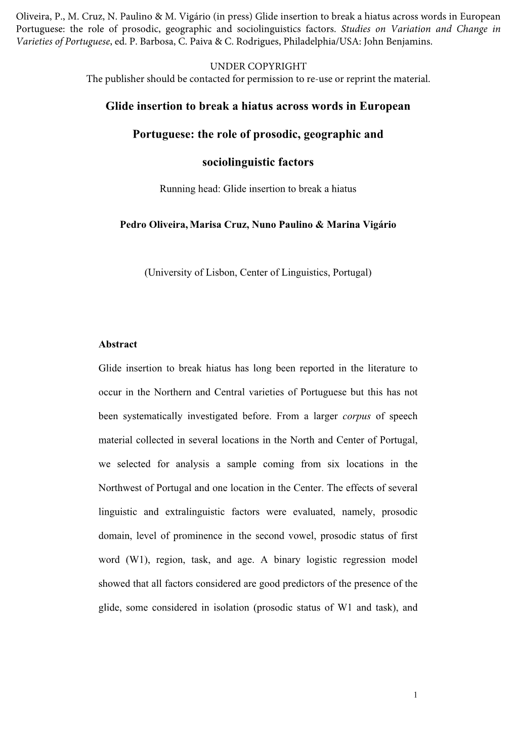 Glide Insertion to Break a Hiatus Across Words in European Portuguese: the Role of Prosodic, Geographic and Sociolinguistics Factors