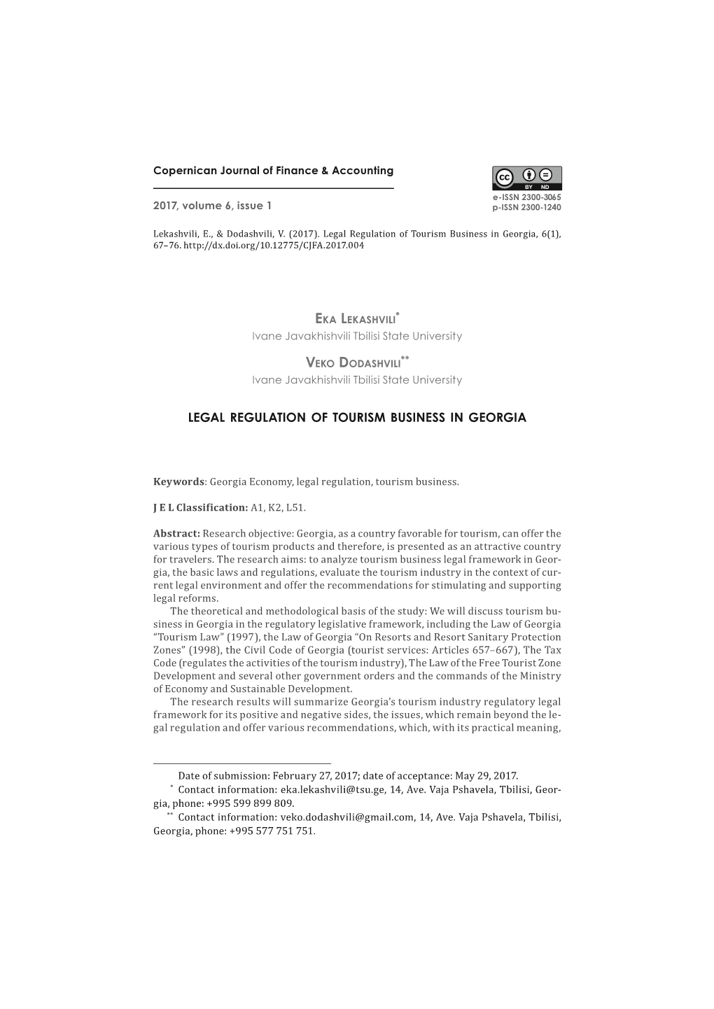 Legal Regulation of Tourism Business in Georgia, 6(1)