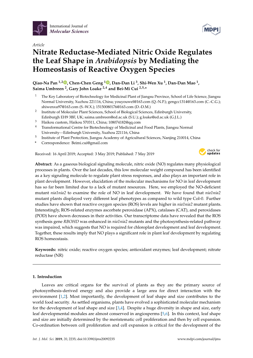 Nitrate Reductase-Mediated Nitric Oxide Regulates the Leaf Shape in Arabidopsis by Mediating the Homeostasis of Reactive Oxygen Species