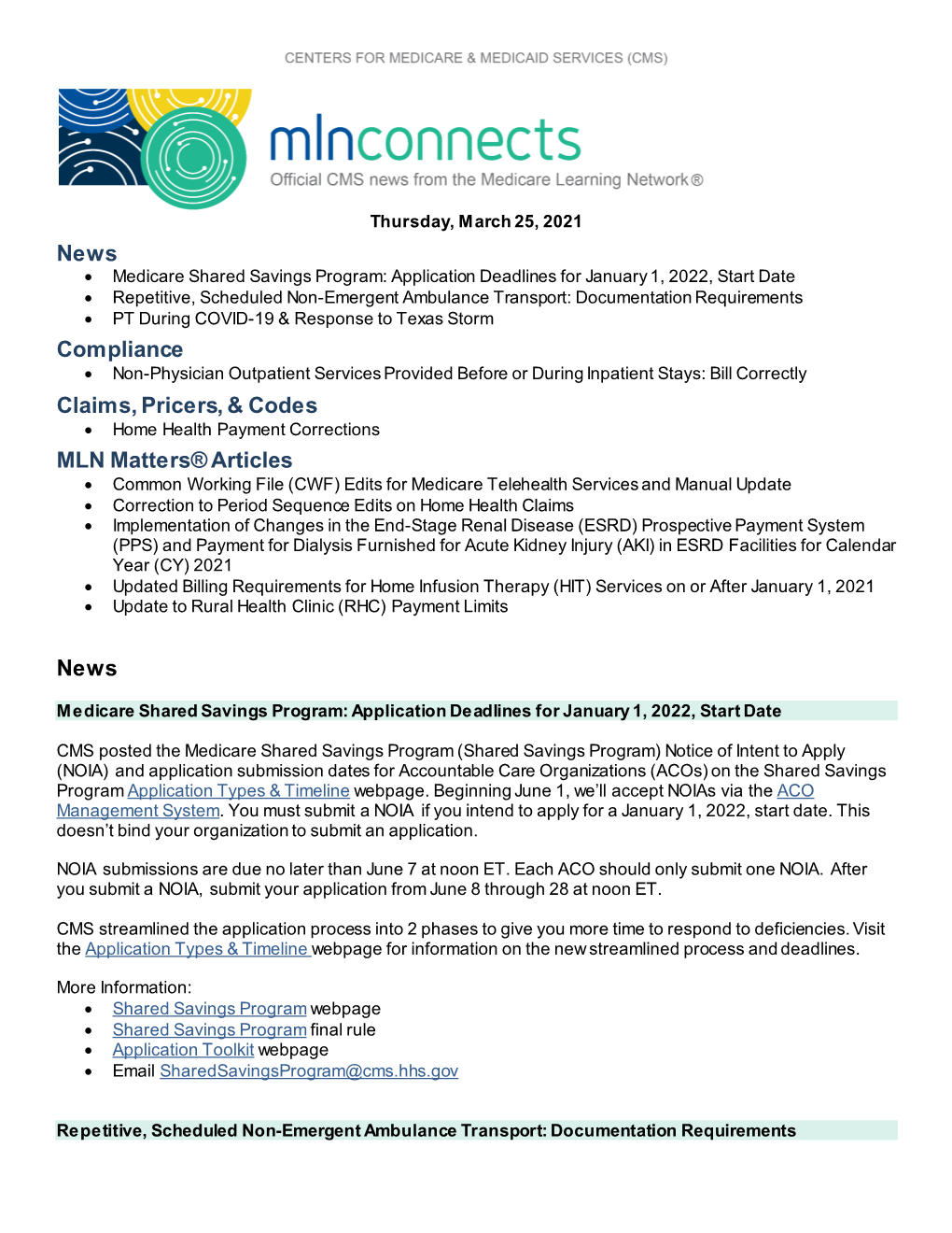 MLN Connects Newsletter for Thursday, March 25, 2021