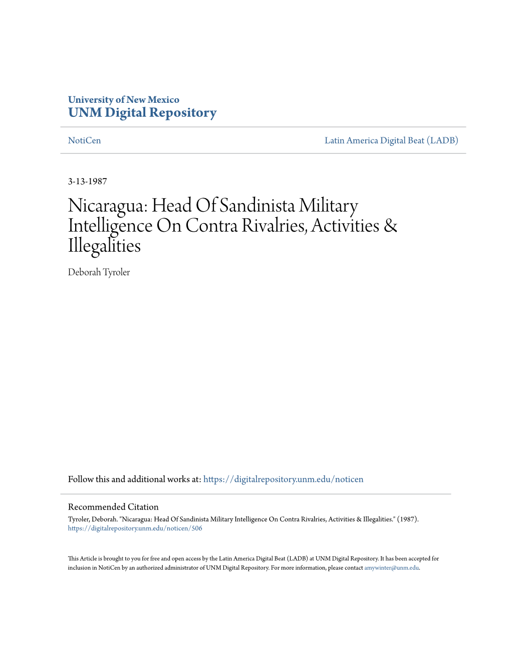 Nicaragua: Head of Sandinista Military Intelligence on Contra Rivalries, Activities & Illegalities Deborah Tyroler