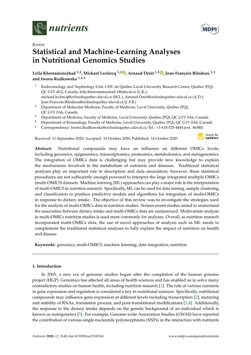 Statistical and Machine-Learning Analyses in Nutritional Genomics Studies