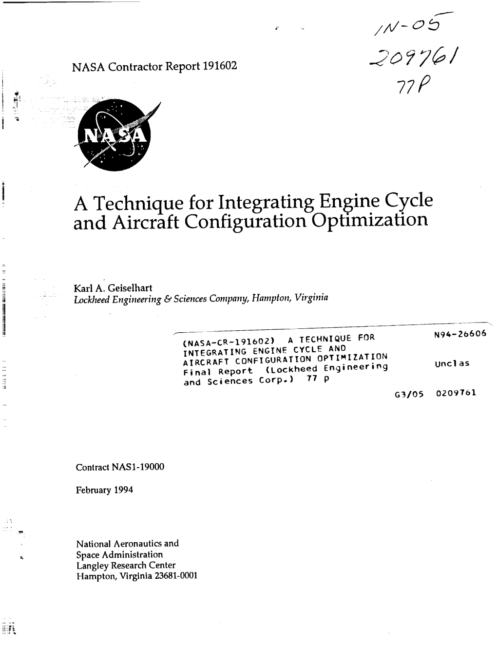 A Technique for Integrating Engine Cycle and Aircraft Configuration Optimization