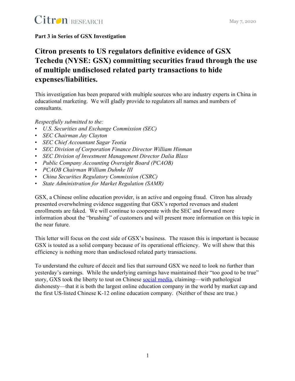 Citron Presents to US Regulators Definitive