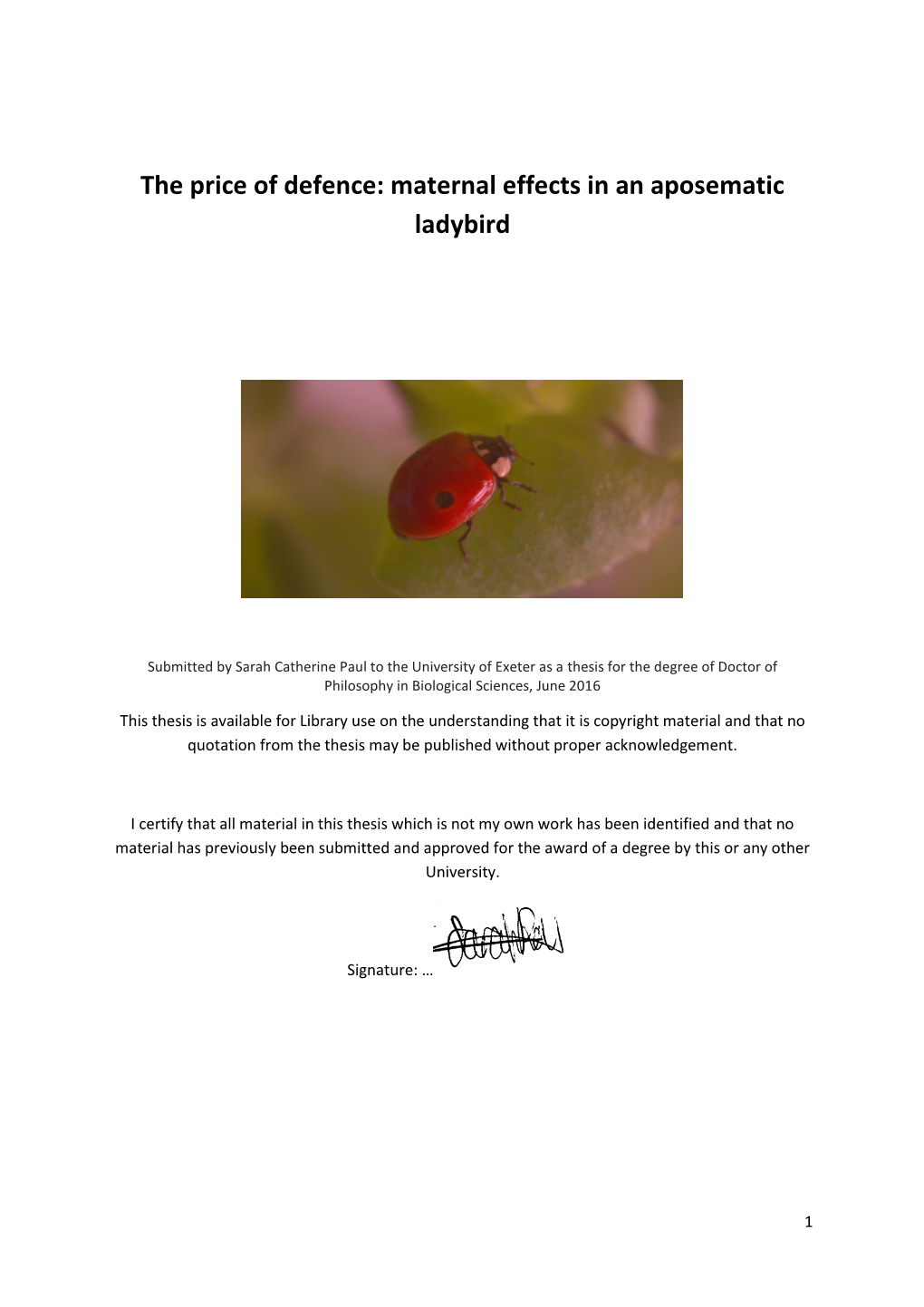 Maternal Effects in an Aposematic Ladybird