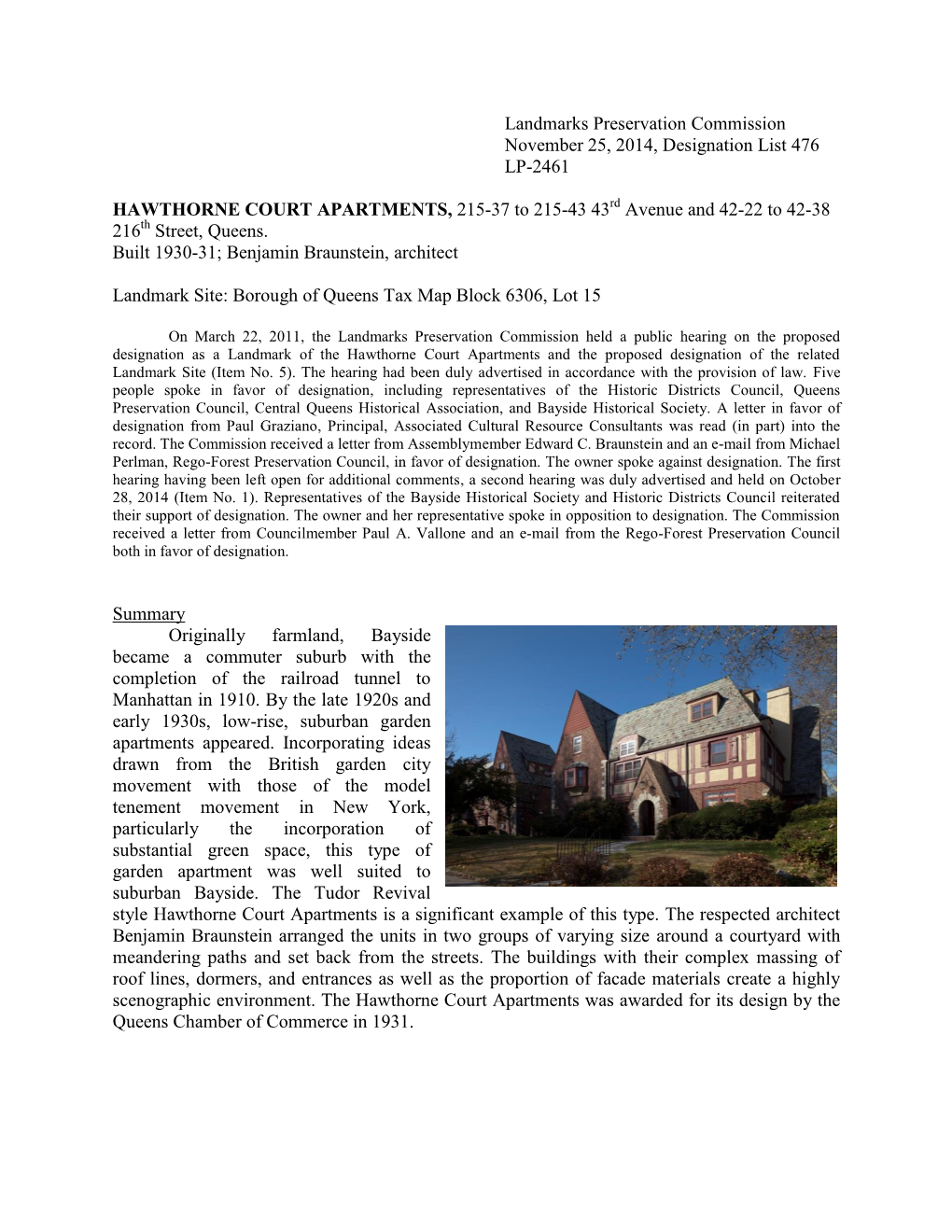 Landmarks Preservation Commission November 25, 2014, Designation List 476 LP-2461