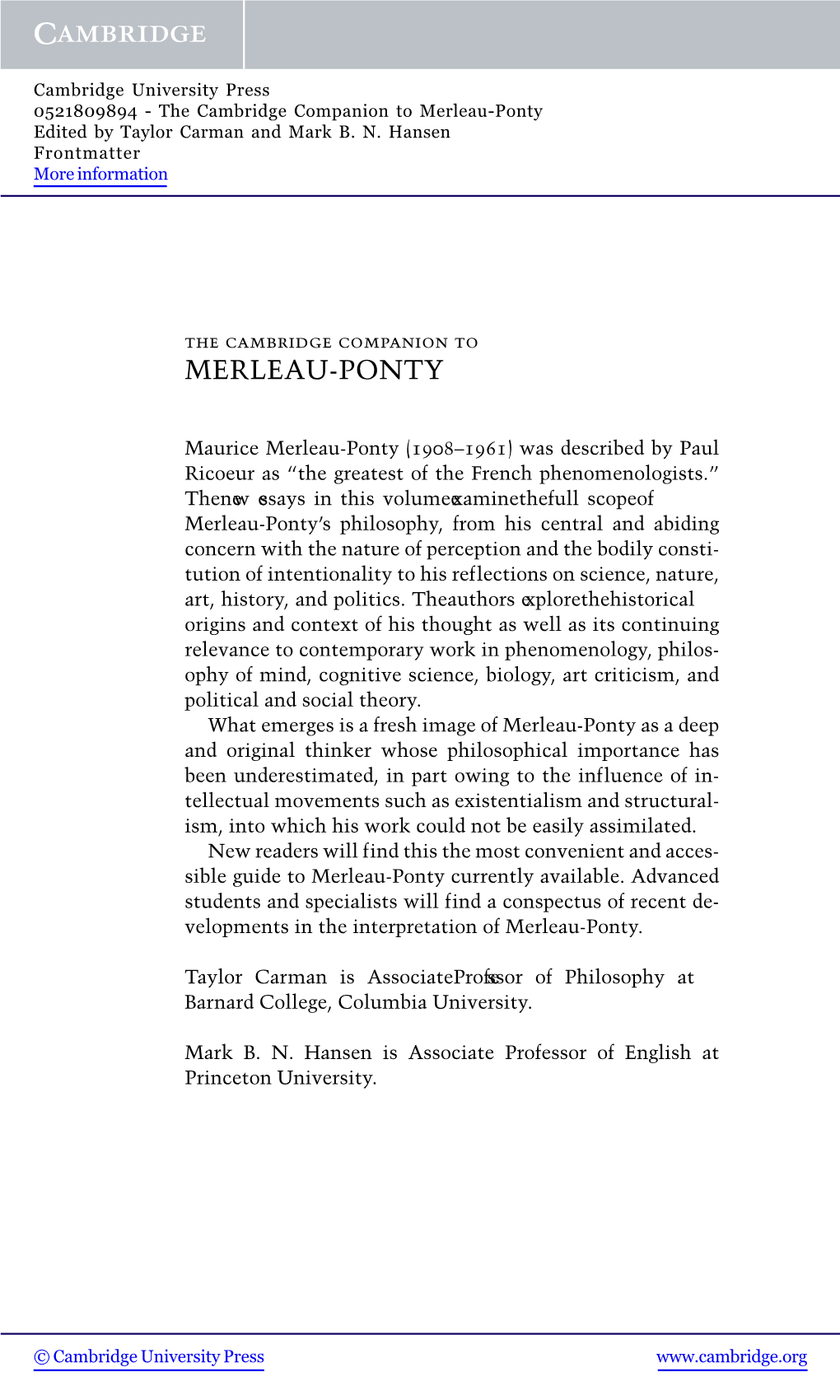 Merleau-Ponty Edited by Taylor Carman and Mark B