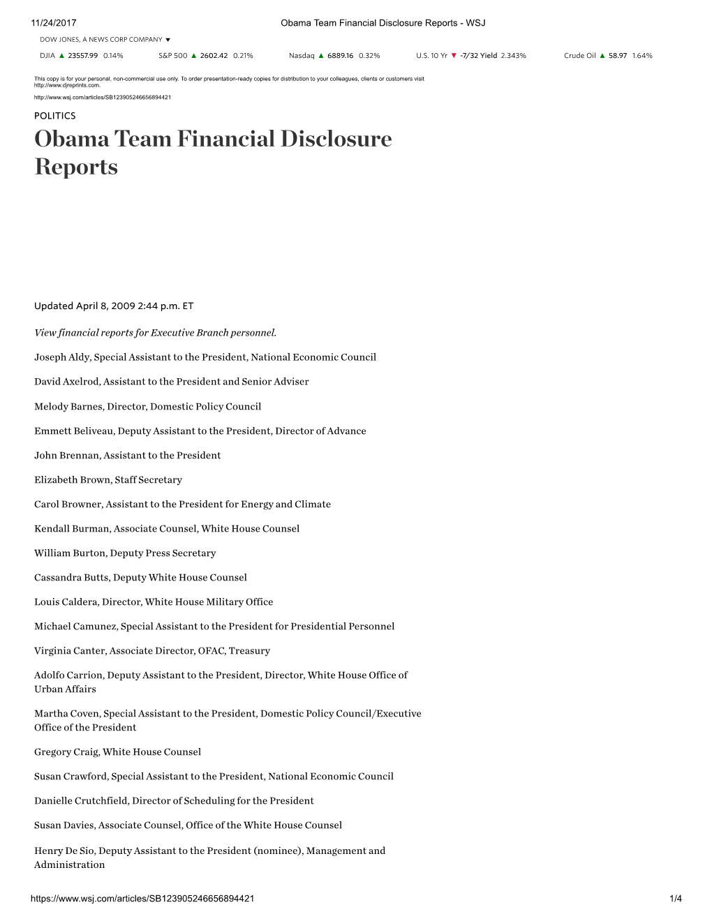 Obama Team Financial Disclosure Reports - WSJ