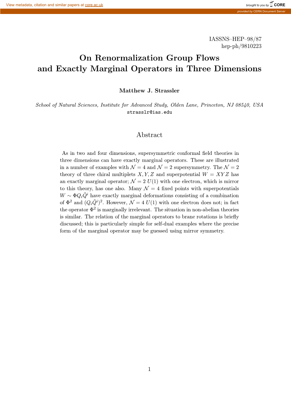 On Renormalization Group Flows and Exactly Marginal Operators in Three Dimensions