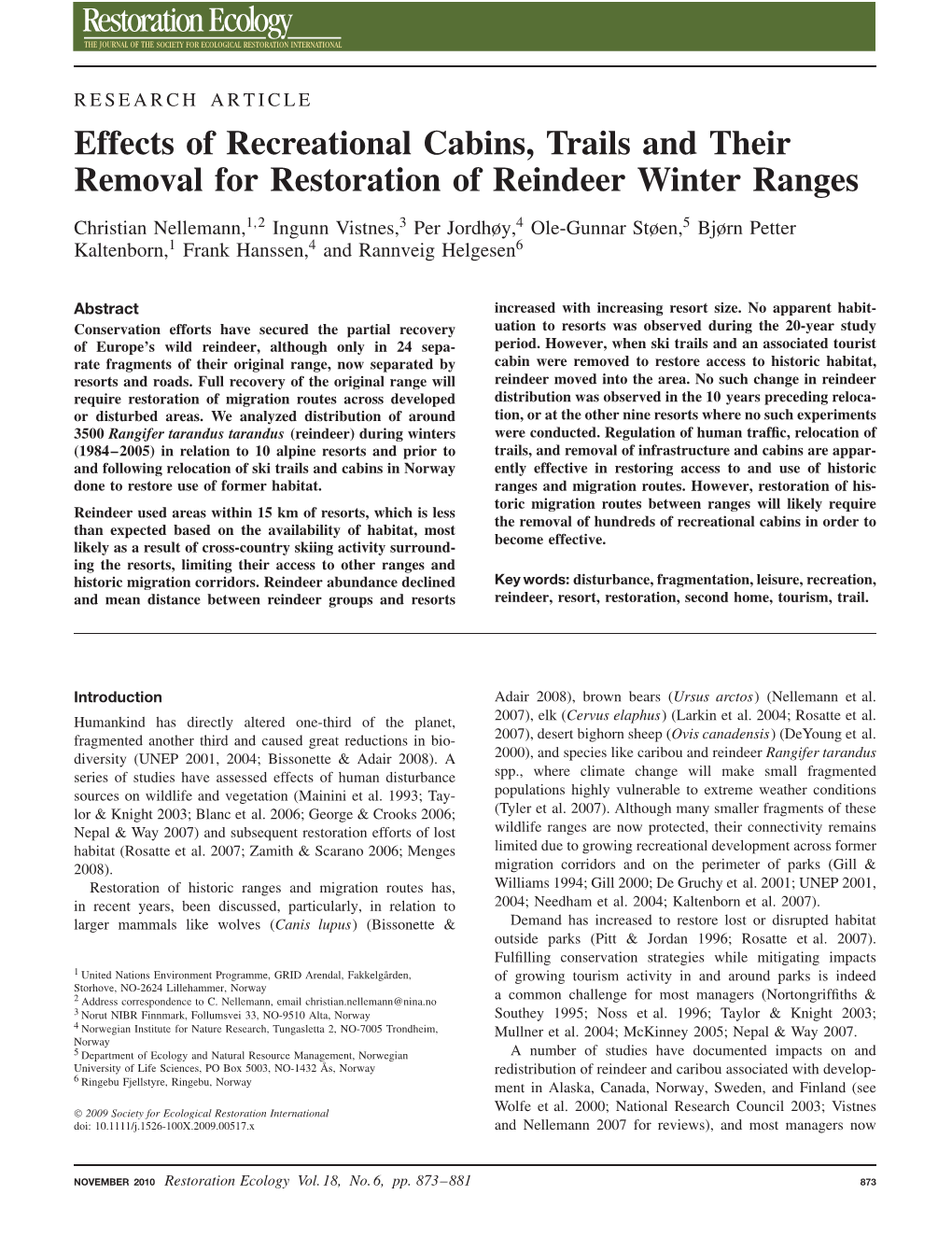 Effects of Recreational Cabins, Trails and Their Removal for Restoration of Reindeer Winter Ranges