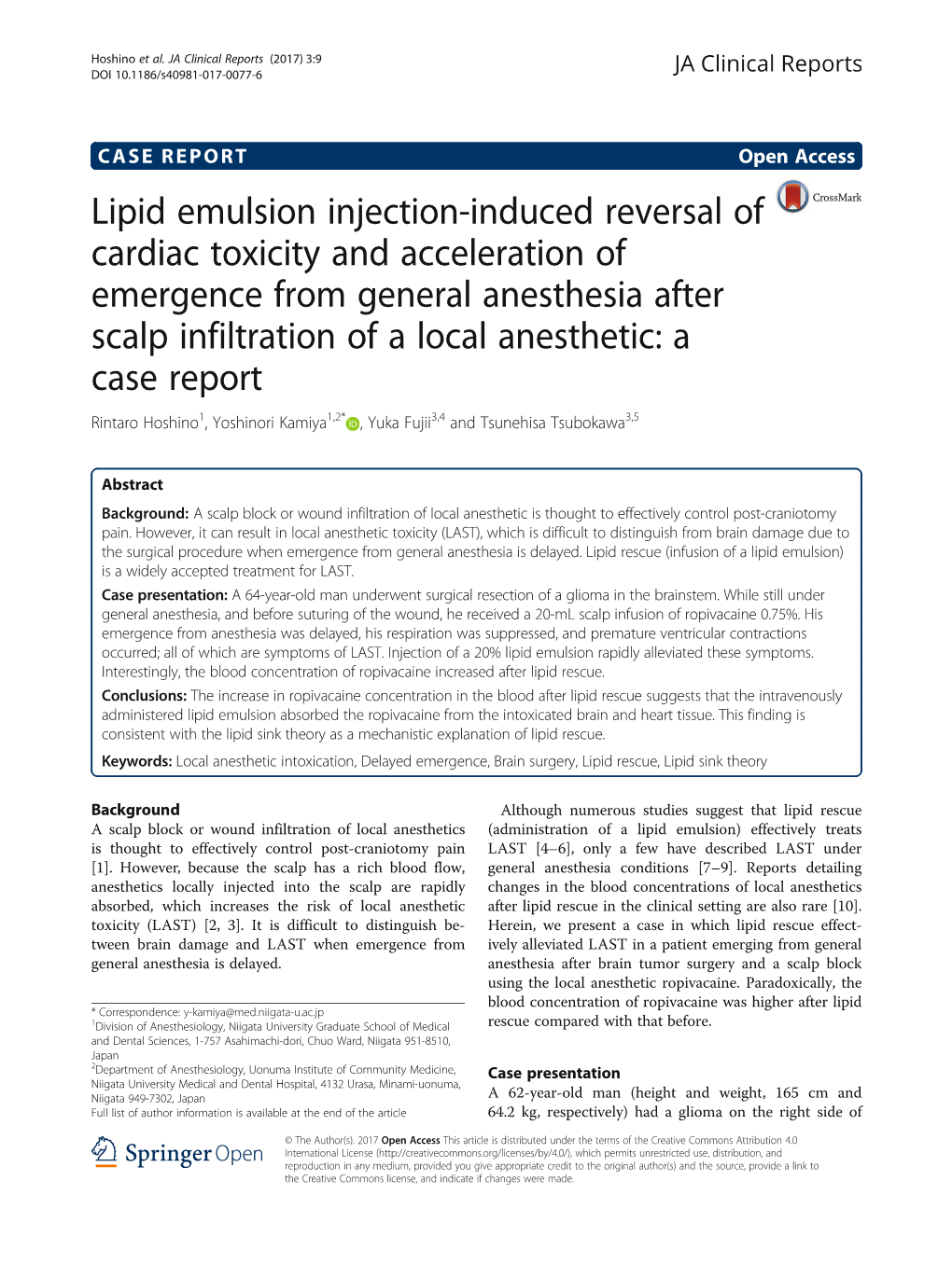 Lipid Emulsion Injection-Induced Reversal of Cardiac Toxicity and Acceleration of Emergence from General Anesthesia After Scalp