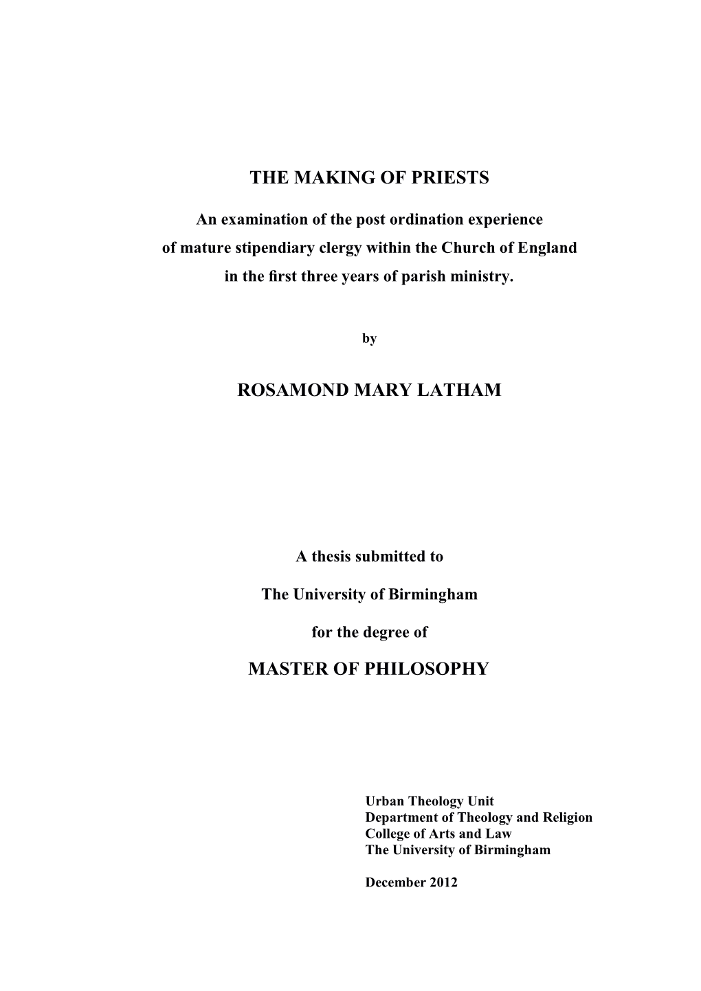 The Making of Priests: an Examination of the Post Ordination Experience Of