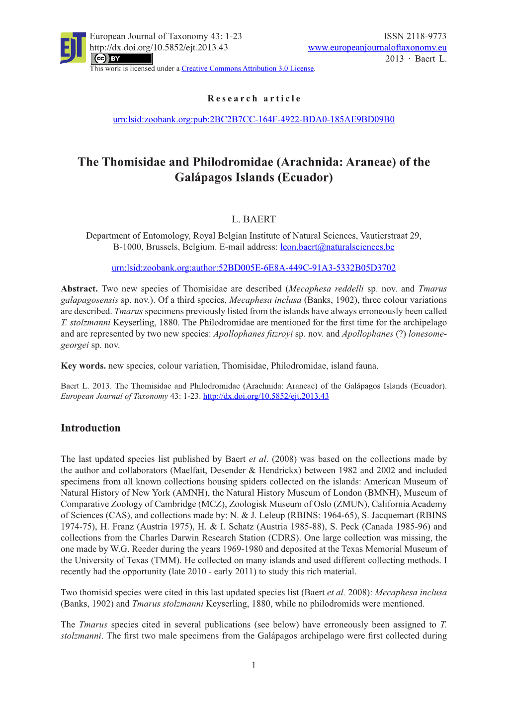 The Thomisidae and Philodromidae (Arachnida: Araneae) of the Galápagos Islands (Ecuador)