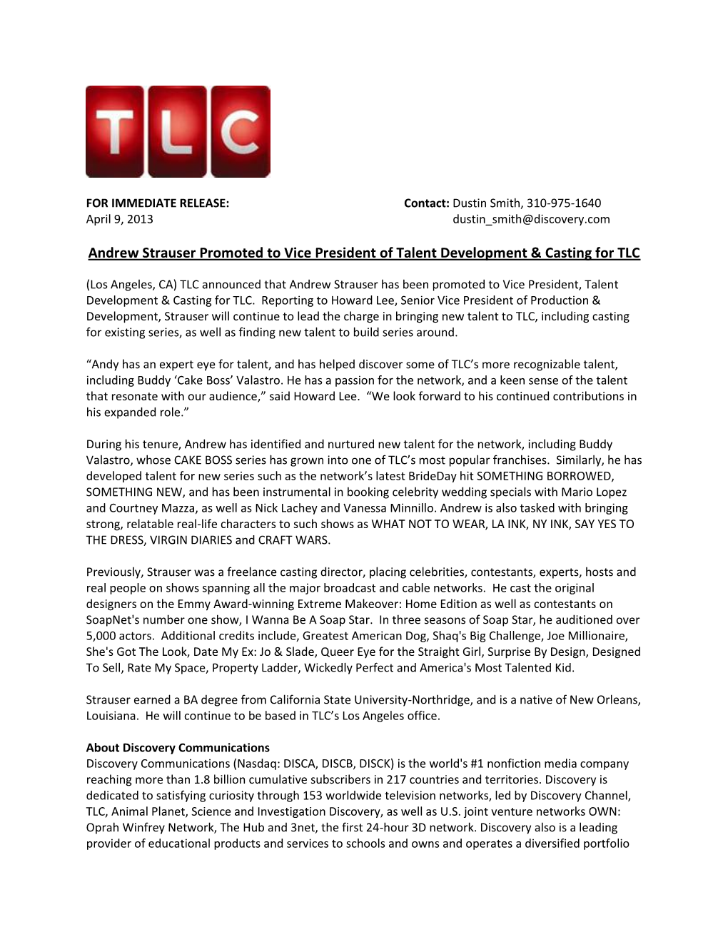 Andrew Strauser Promoted to Vice President of Talent Development & Casting for TLC