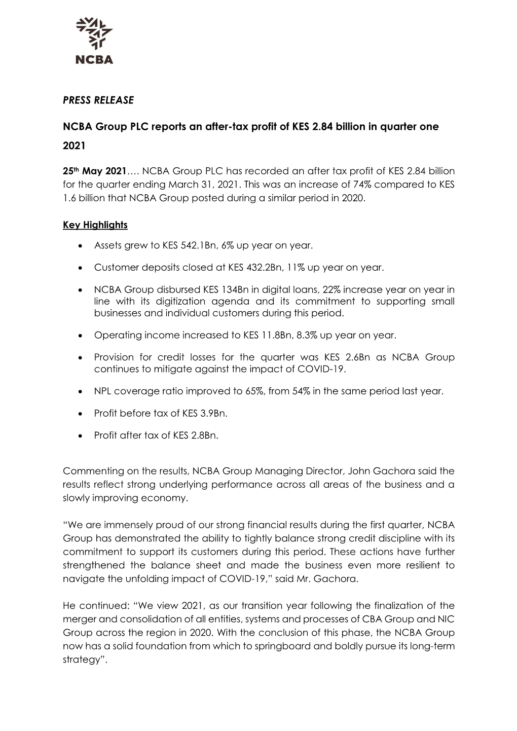 NCBA Group PLC Reports an After-Tax Profit of KES 2.84 Billion in Quarter One 2021