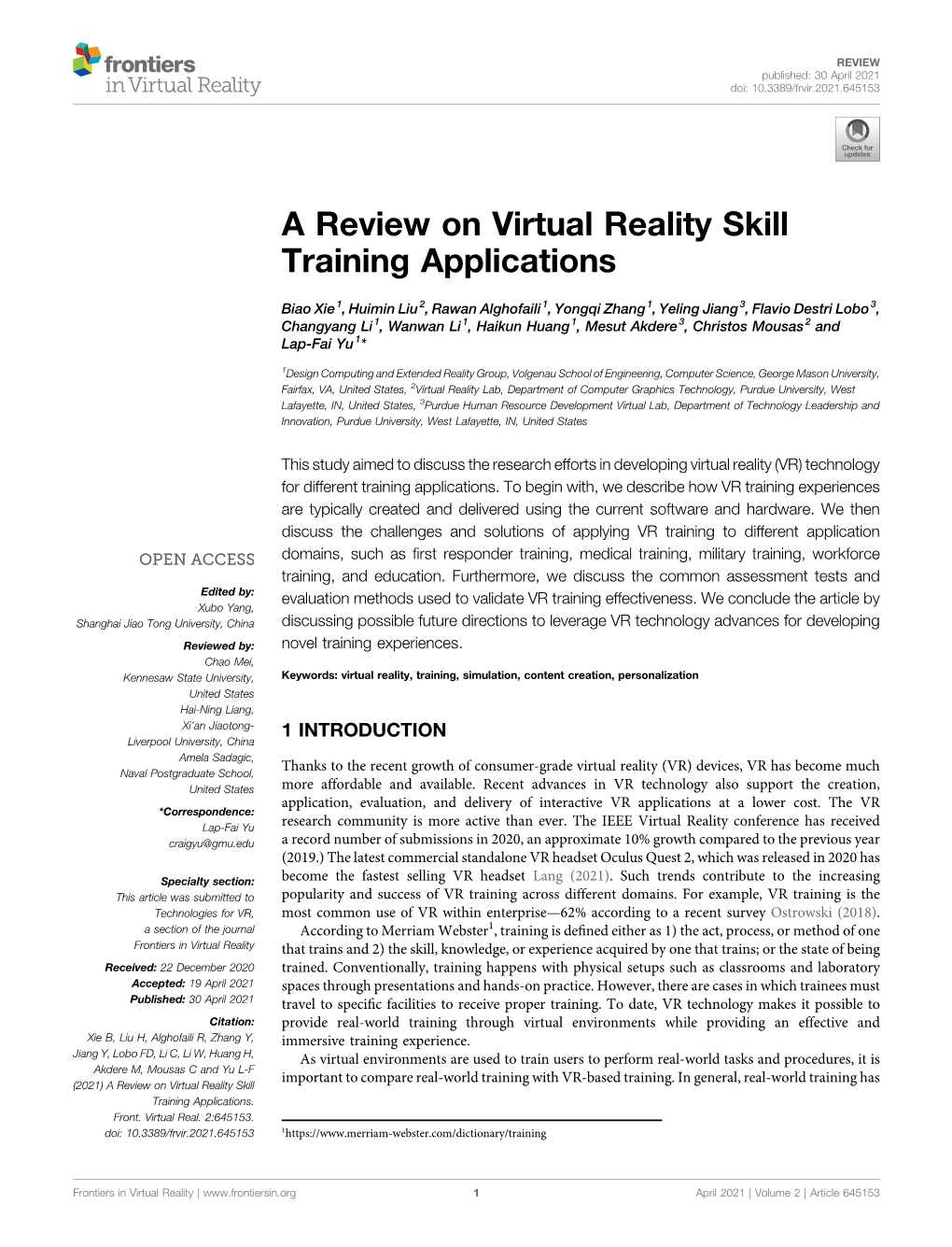 A Review on Virtual Reality Skill Training Applications