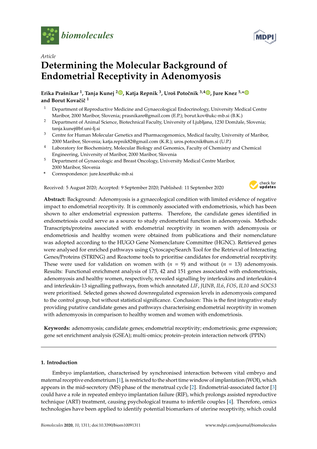 Determining the Molecular Background of Endometrial Receptivity in Adenomyosis