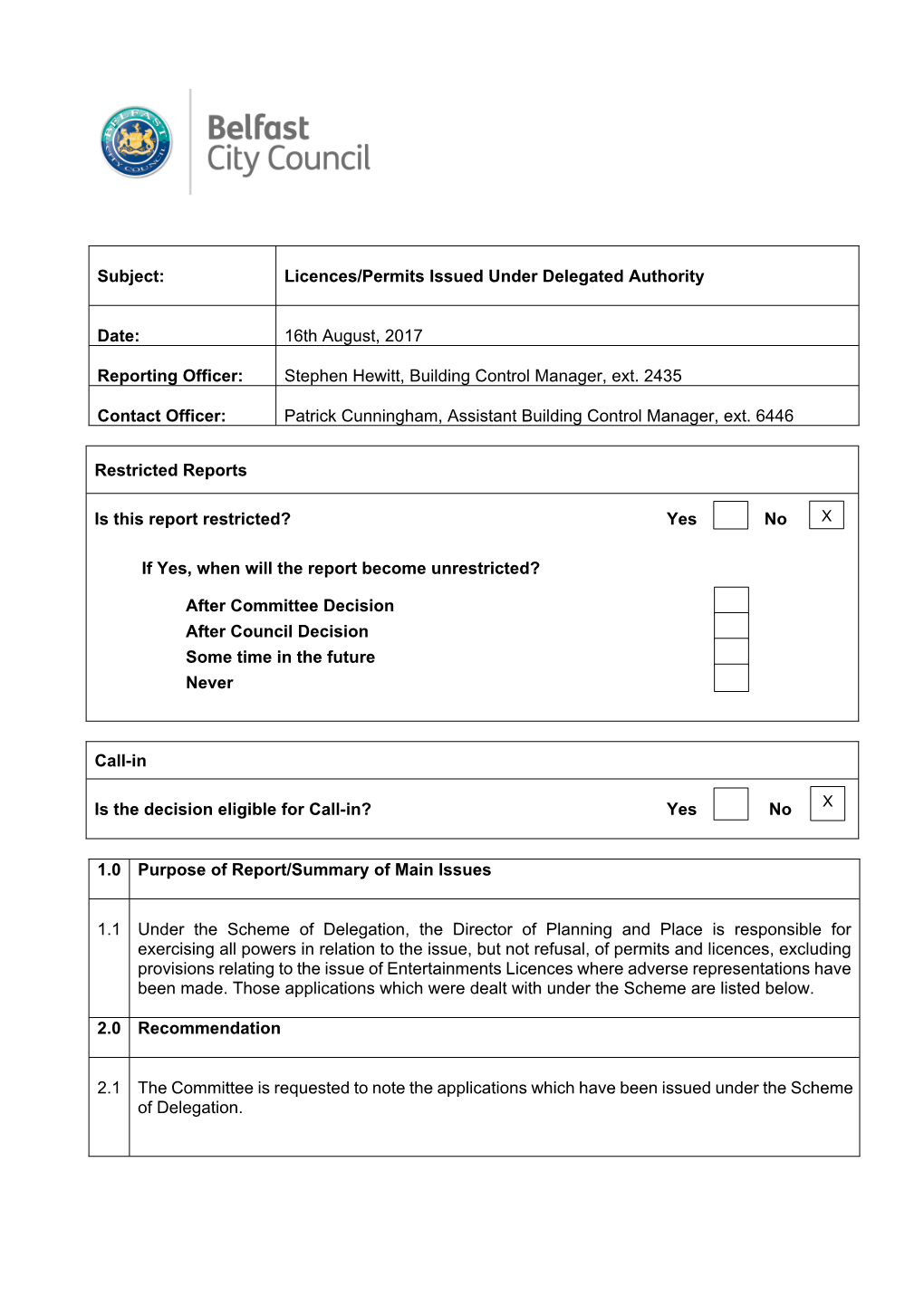 Subject: Licences/Permits Issued Under Delegated Authority Date