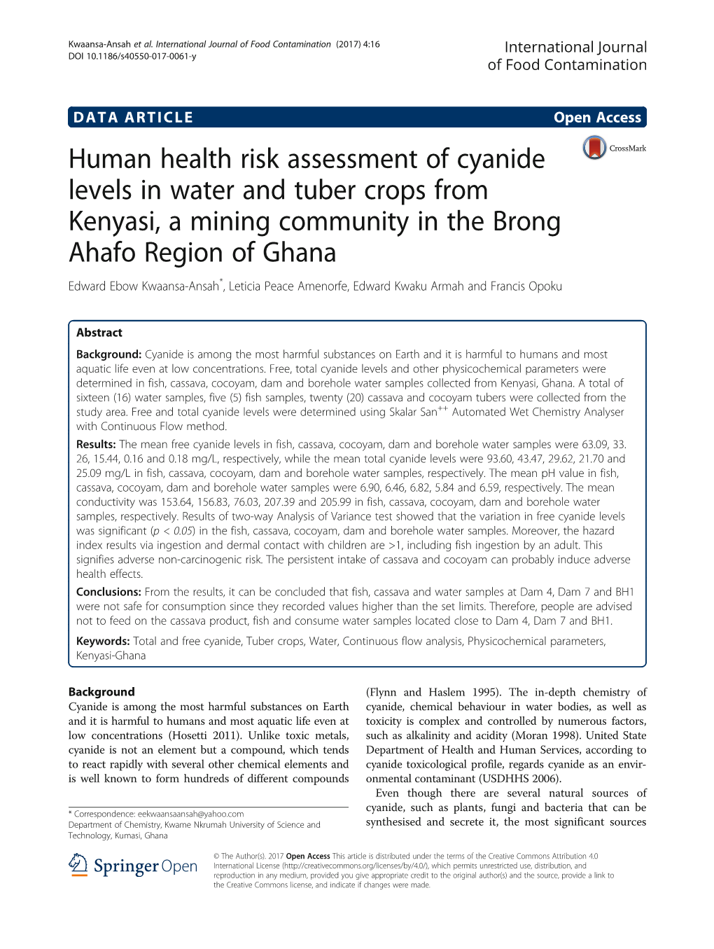 Human Health Risk Assessment of Cyanide Levels in Water and Tuber