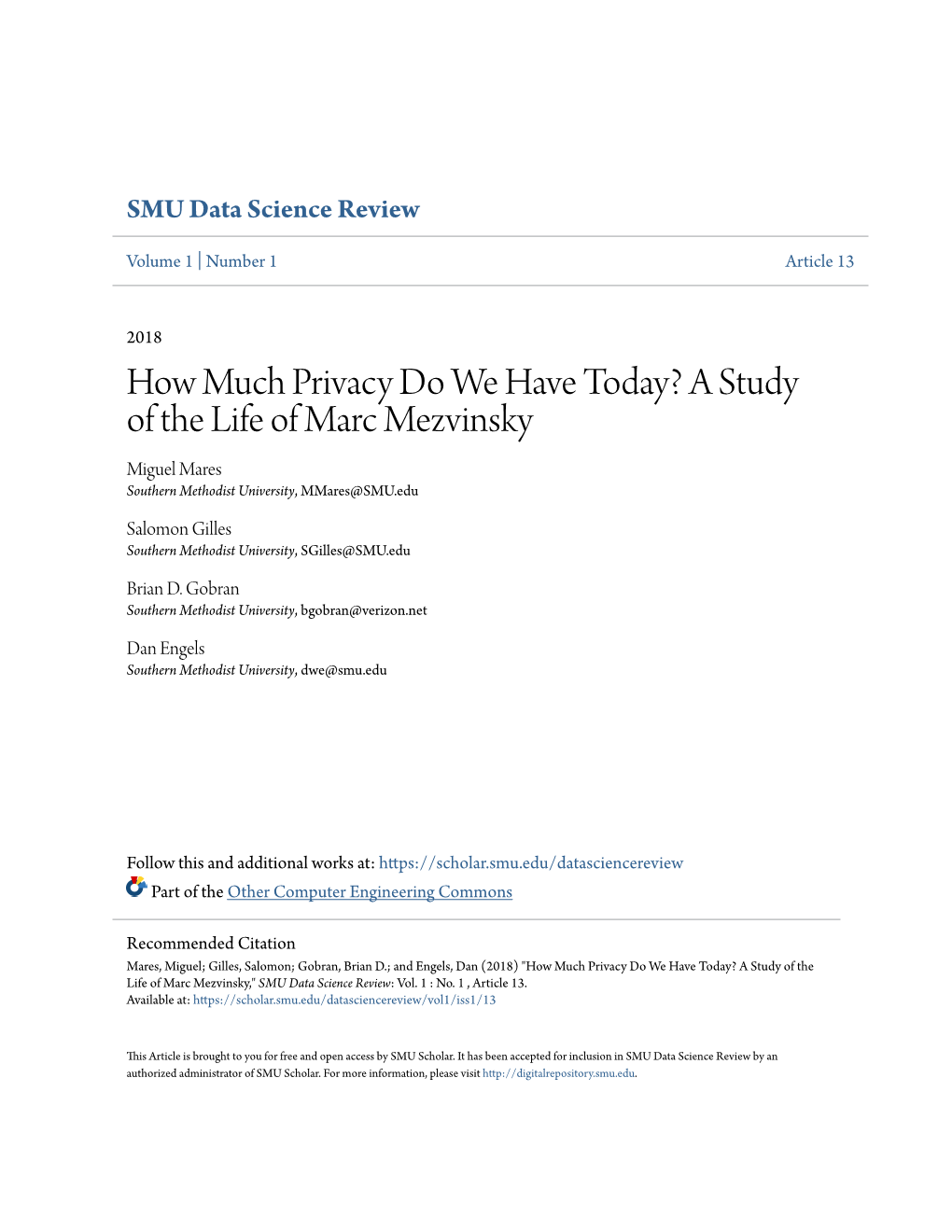 A Study of the Life of Marc Mezvinsky Miguel Mares Southern Methodist University, Mmares@SMU.Edu