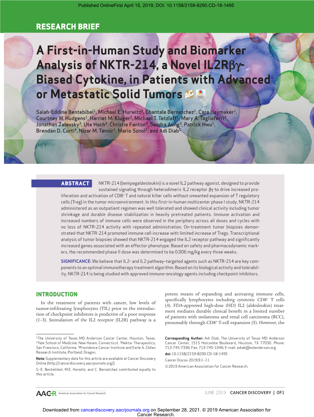 A First-In-Human Study and Biomarker Analysis of NKTR-214, a Novel Il2raf- Biased Cytokine, in Patients with Advanced Or Metastatic Solid Tumors