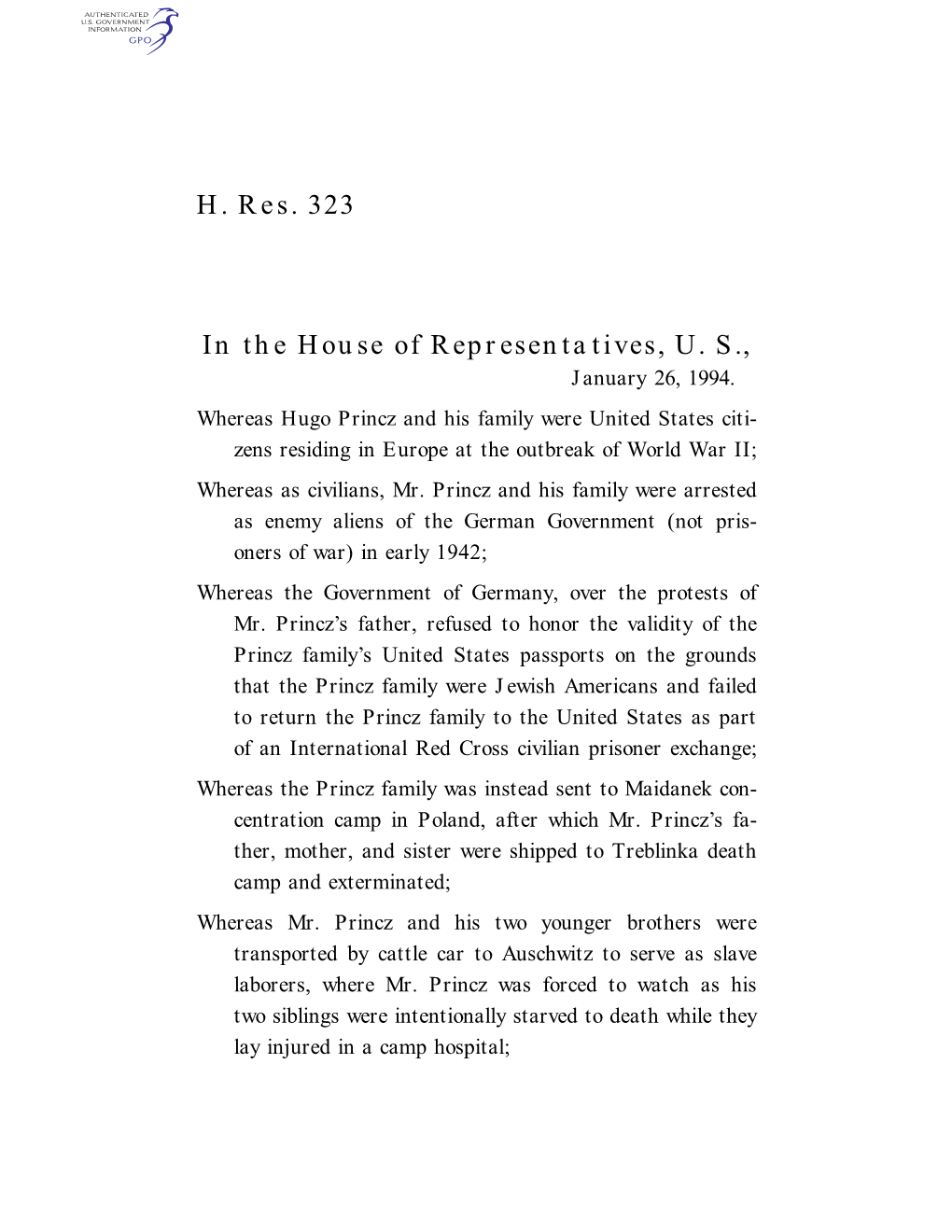 H. Res. 323 in the House of Representatives, U