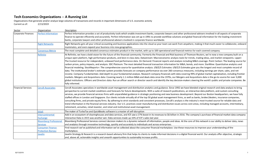 Tech Economics Organizations -- a Running List Organizations That Generate And/Or Analyze Large Volumes of Transactions and Records in Important Dimensions of U.S