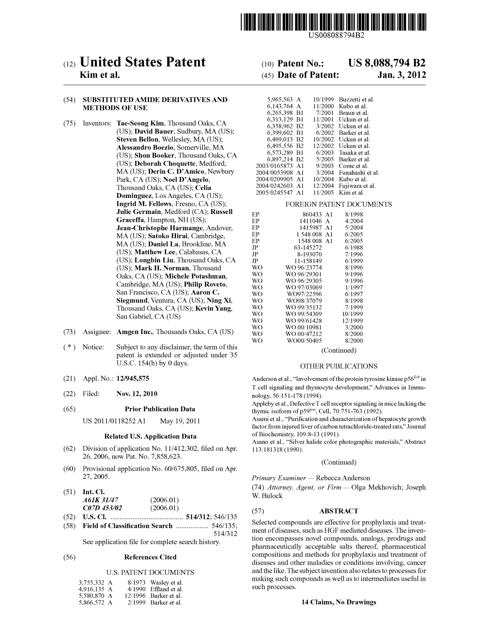 (12) United States Patent (10) Patent No.: US 8,088,794 B2 Kim Et Al