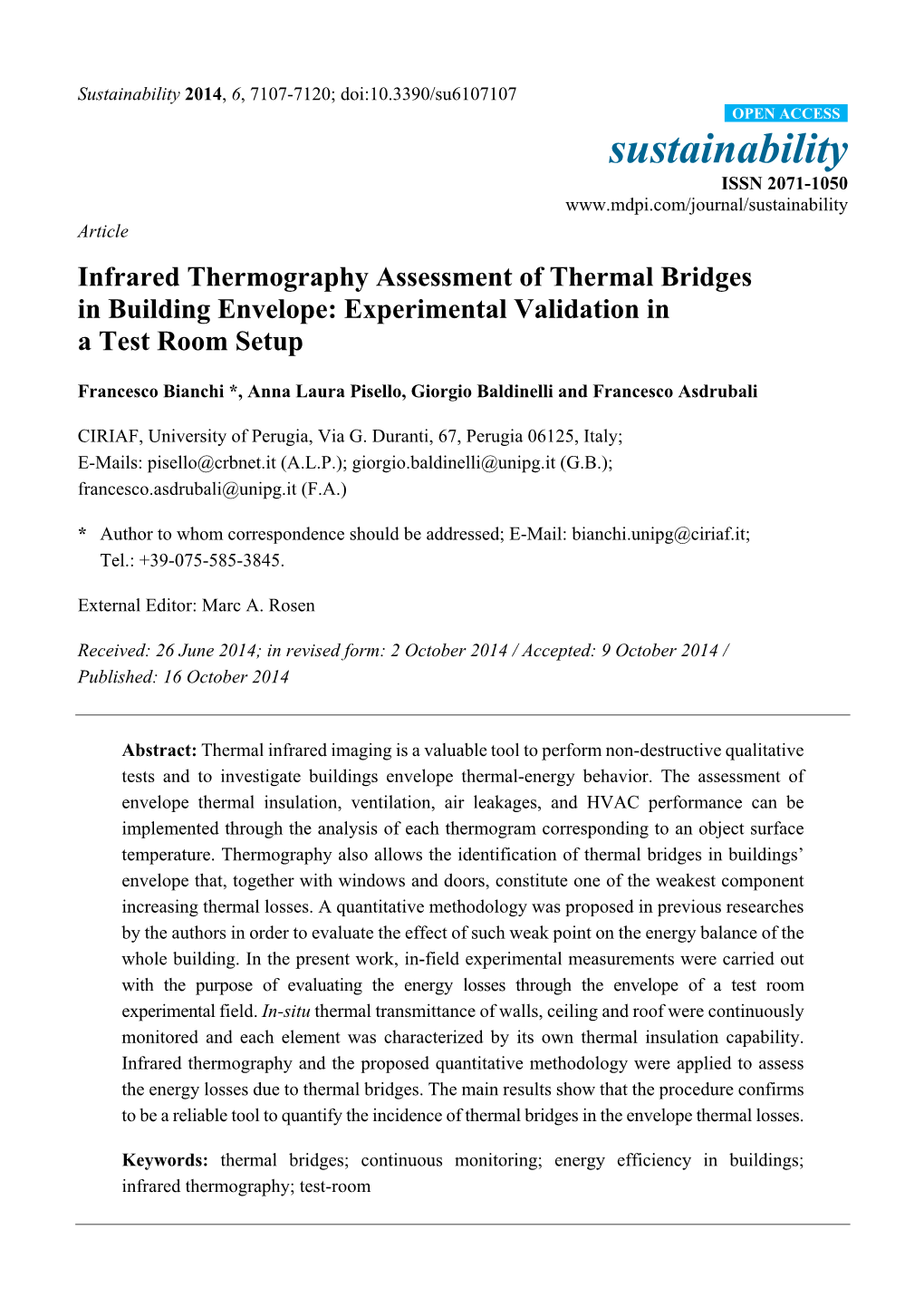 Infrared Thermography Assessment of Thermal Bridges in Building Envelope: Experimental Validation in a Test Room Setup