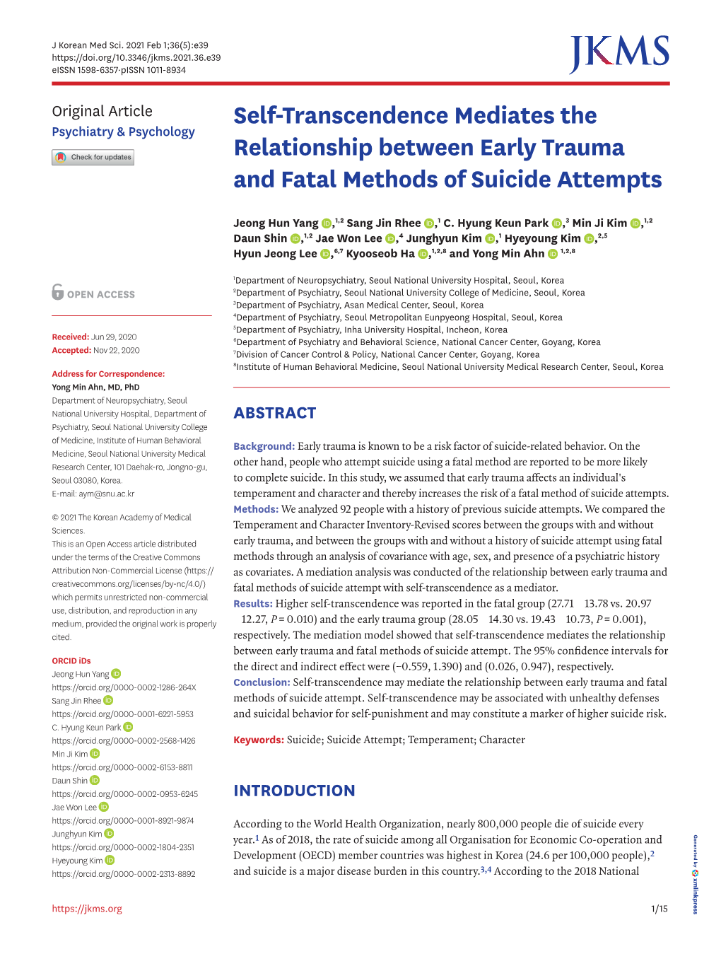 Self-Transcendence Mediates the Relationship Between Early Trauma and Fatal Methods of Suicide Attempts