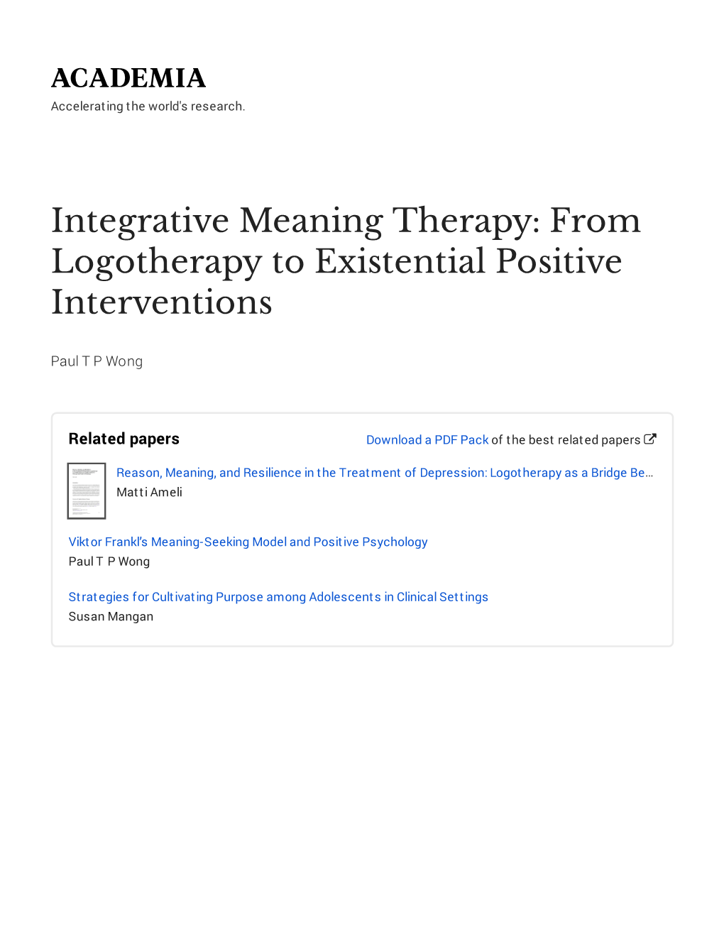 Integrative Meaning Therapy: from Logotherapy to Existential Positive Interventions