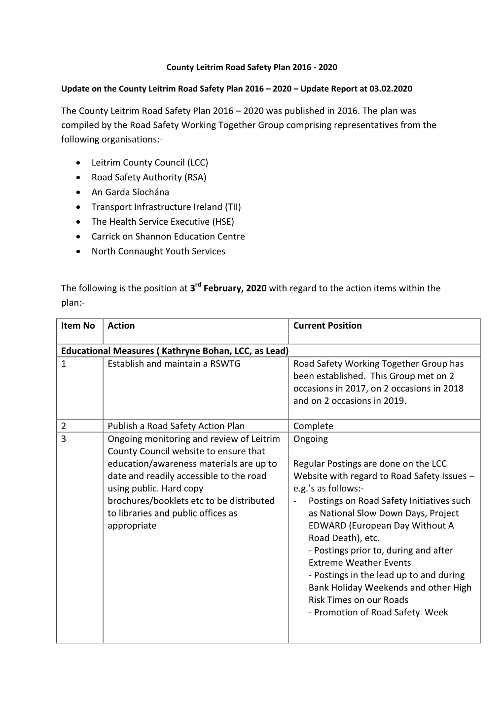 The County Leitrim Road Safety Plan 2016 – 2020 – Update Report at 03.02.2020