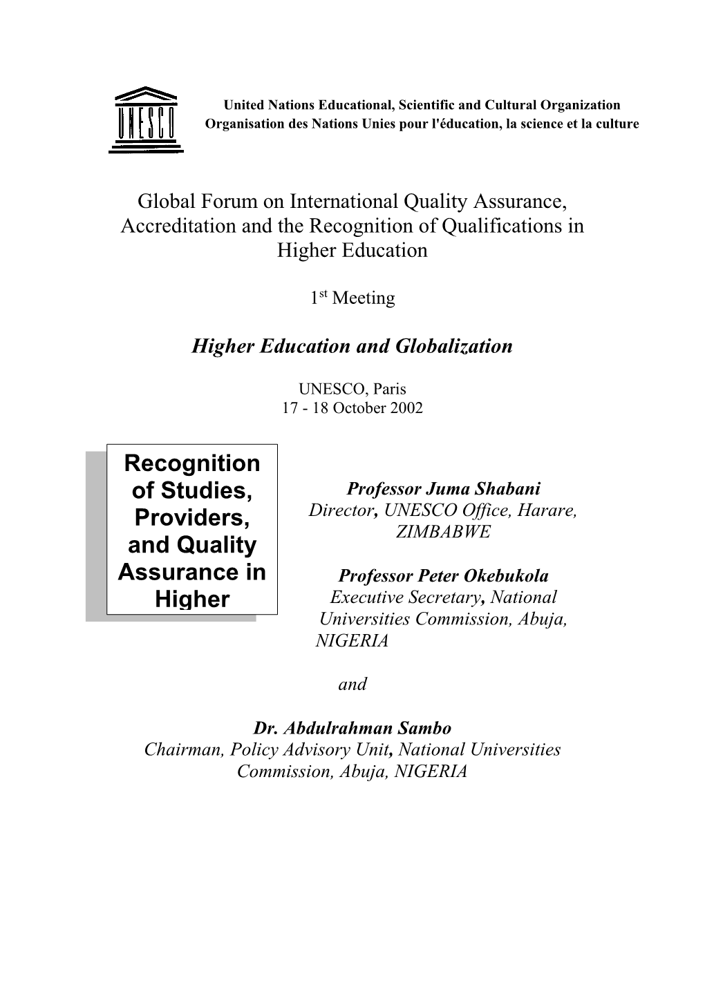 Recognition of Studies, Providers, and Quality Assurance in Higher Education: Perspectives from Africa