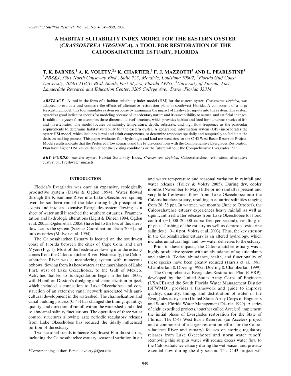 A Habitat Suitability Index Model for the Eastern Oyster (Crassostrea Virginica), a Tool for Restoration of the Caloosahatchee Estuary, Florida