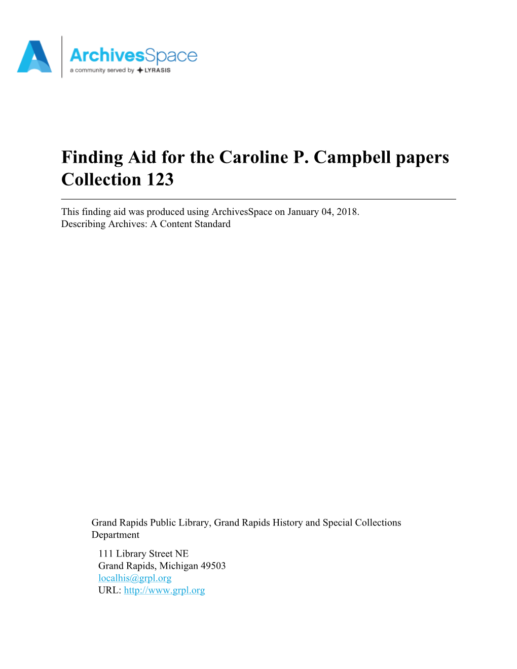 Finding Aid for the Caroline P. Campbell Papers Collection 123