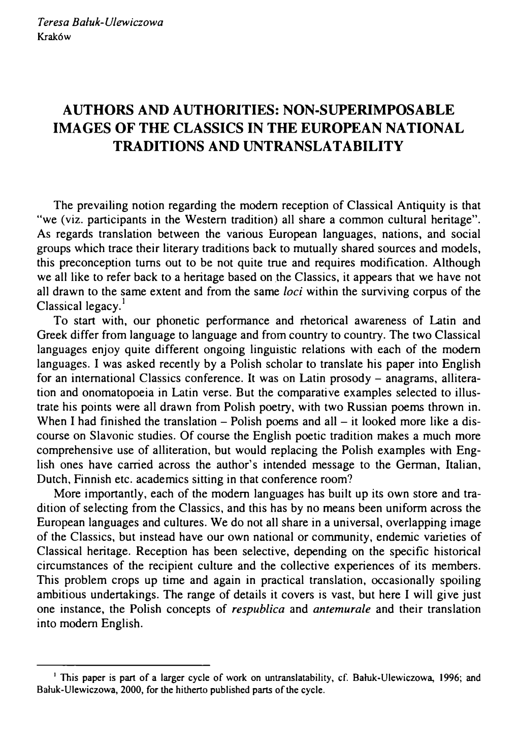 Authors and Authorities: Non-Superimposable Images of the Classics in the European National Traditions and Untranslatability