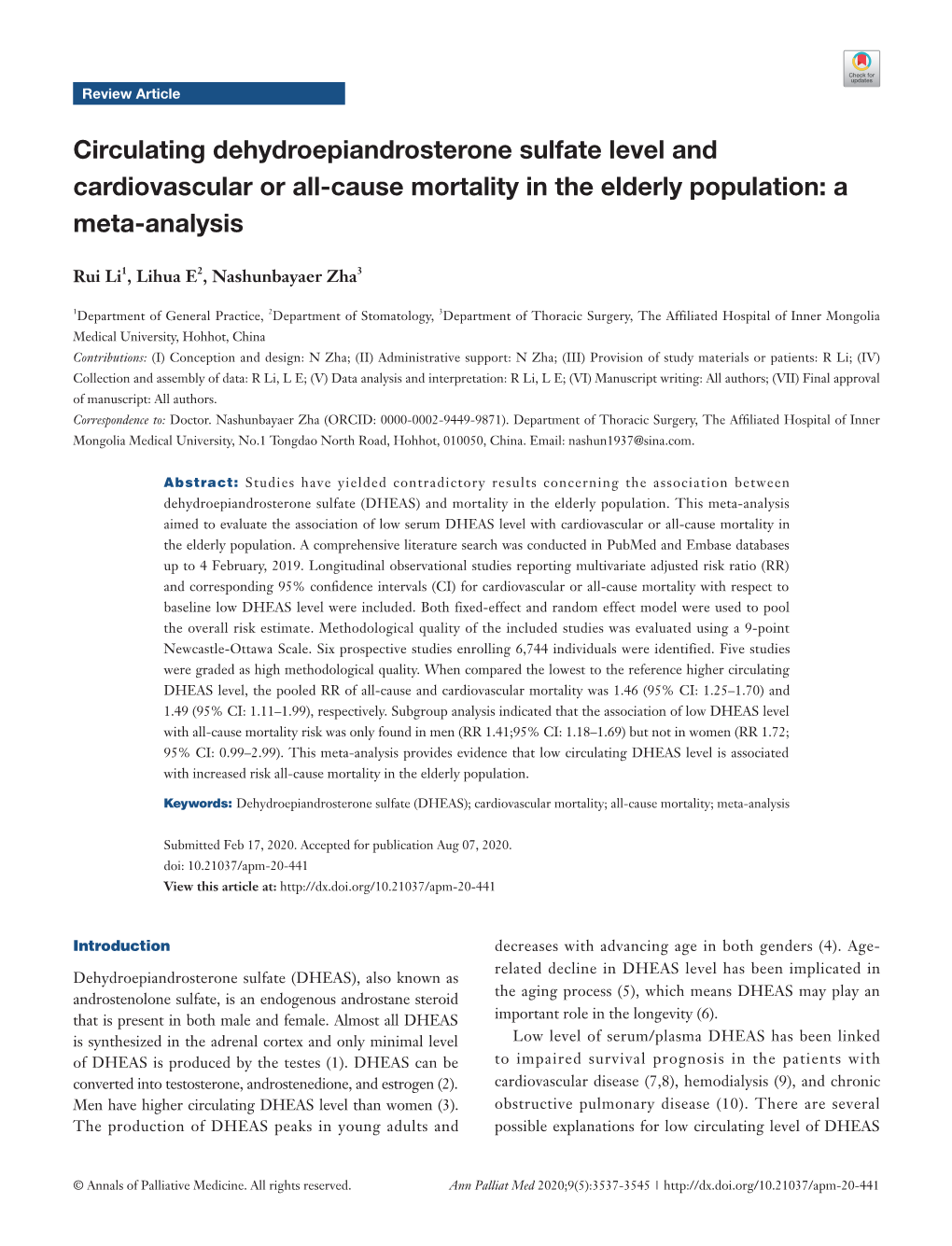 Circulating Dehydroepiandrosterone Sulfate Level and Cardiovascular Or All-Cause Mortality in the Elderly Population: a Meta-Analysis