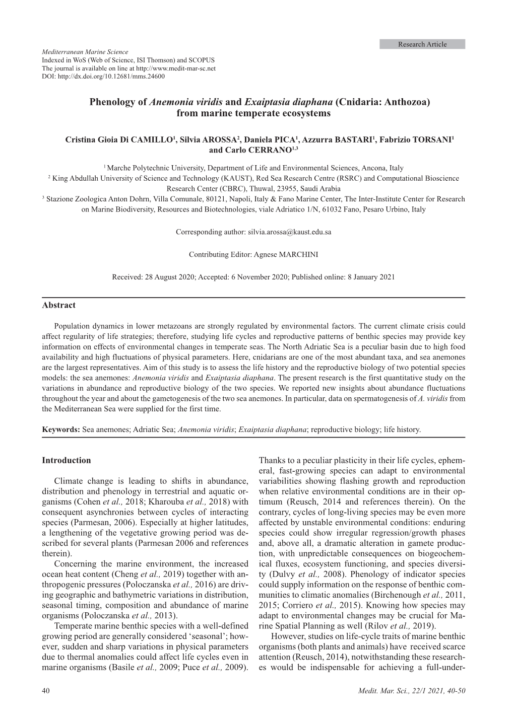 Phenology of Anemonia Viridis and Exaiptasia Diaphana (Cnidaria: Anthozoa) from Marine Temperate Ecosystems