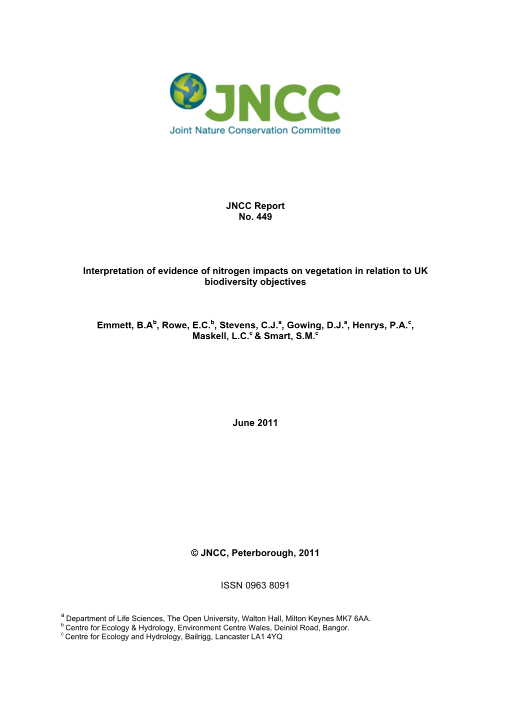 Interpretation of Evidence of Nitrogen Impacts on Vegetation in Relation to UK Biodiversity Objectives