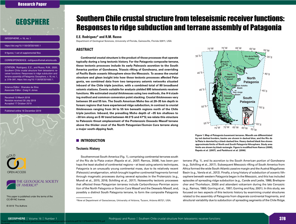 Southern Chile Crustal Structure from Teleseismic Receiver Functions: Responses to Ridge Subduction and Terrane Assembly of Patagonia