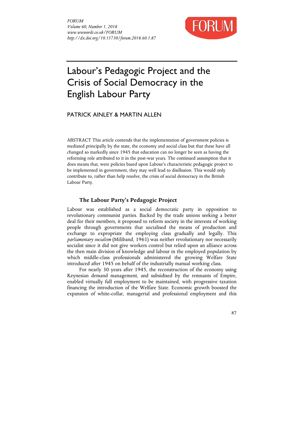 Labour's Pedagogic Project and the Crisis of Social Democracy in the English Labour Party