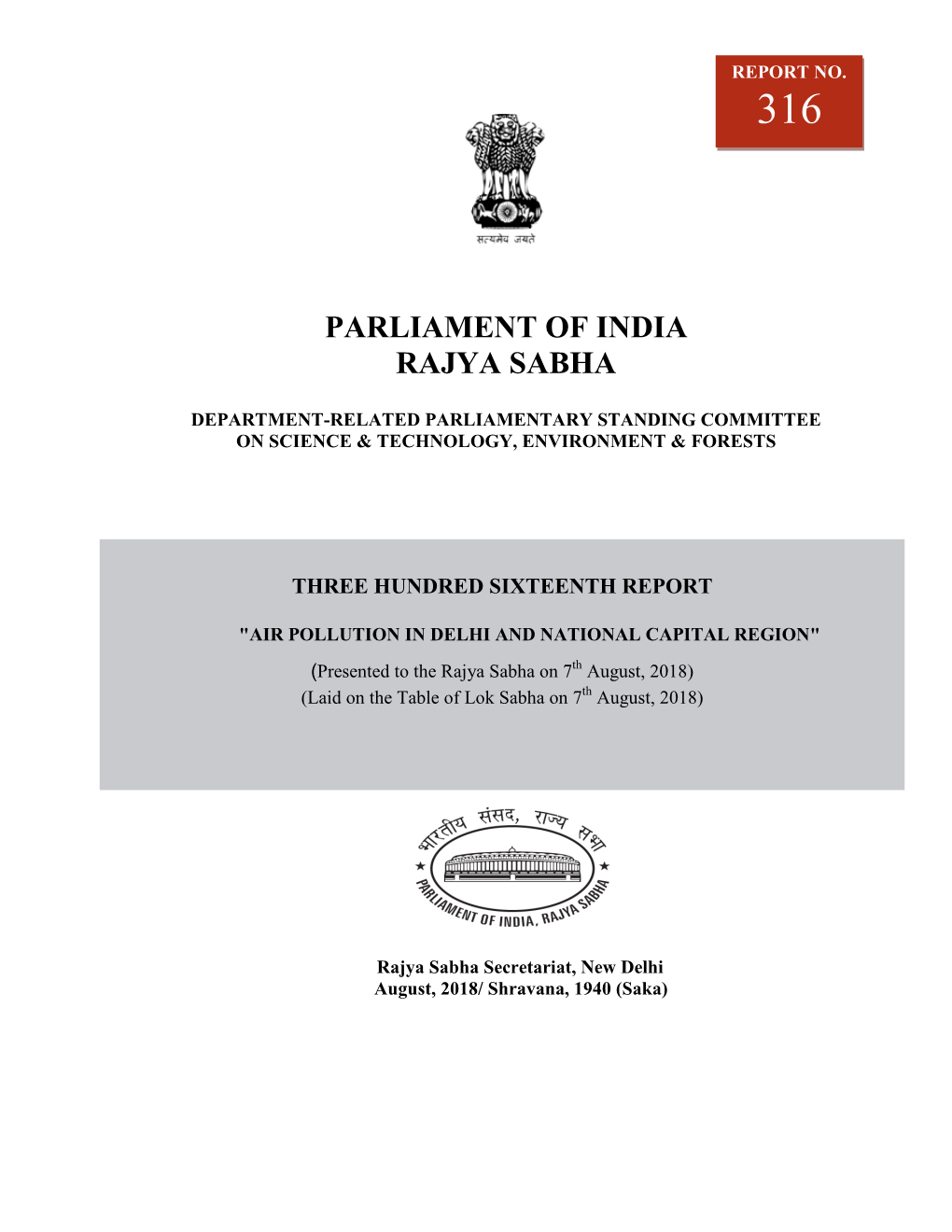 Three Hundred and Sixteenth Report on Air Pollution in Delhi and National Capital Region