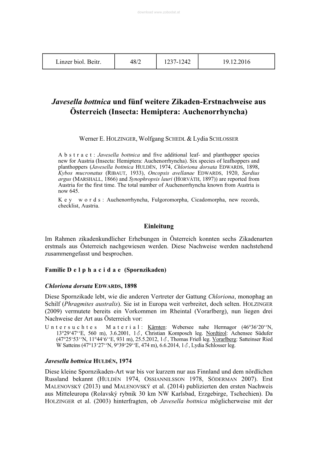 Javesella Bottnica Und Fünf Weitere Zikaden-Erstnachweise Aus Österreich (Insecta: Hemiptera: Auchenorrhyncha)