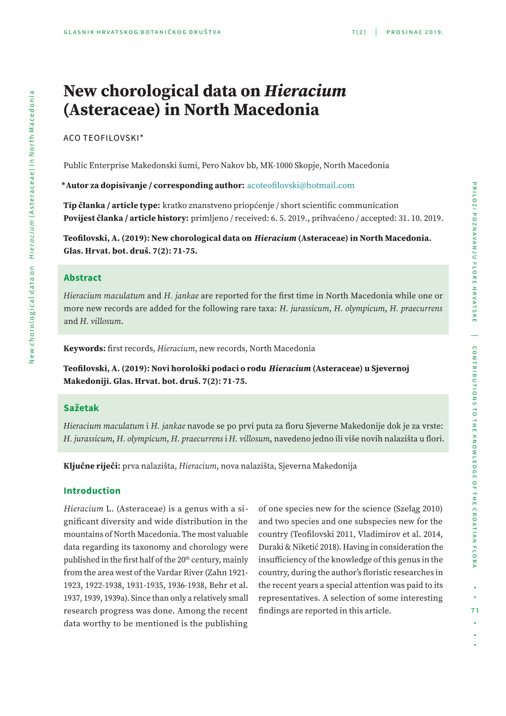 New Chorological Data on Hieracium (Asteraceae) in North Macedonia