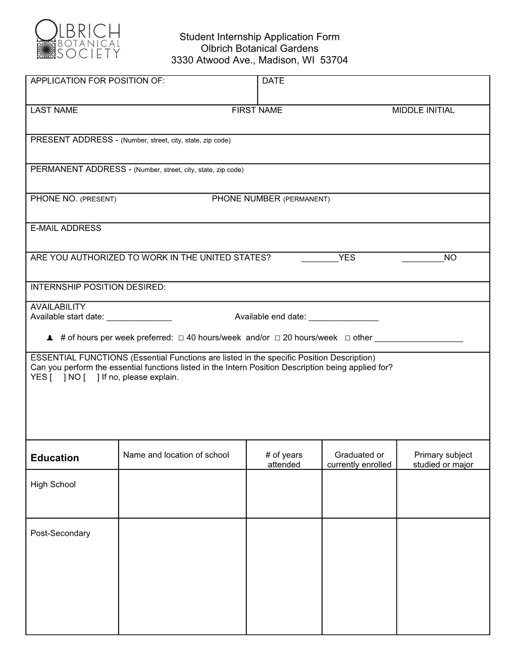 Student Internship Application Form