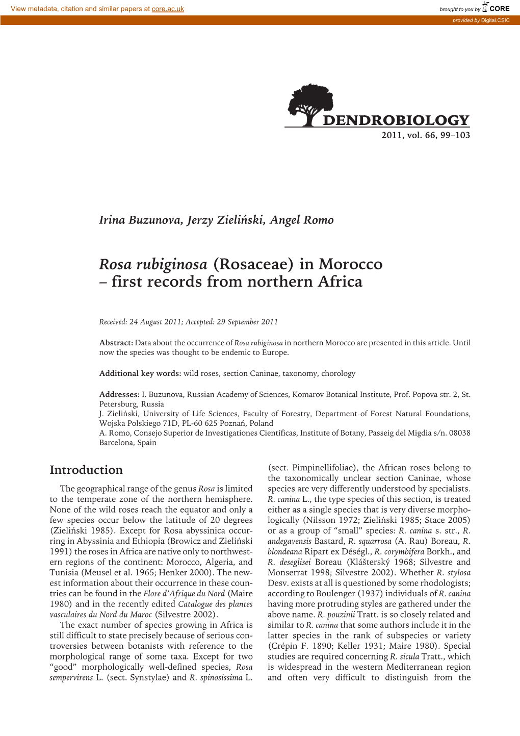 Rosa Rubiginosa (Rosaceae) in Morocco – First Records from Northern Africa