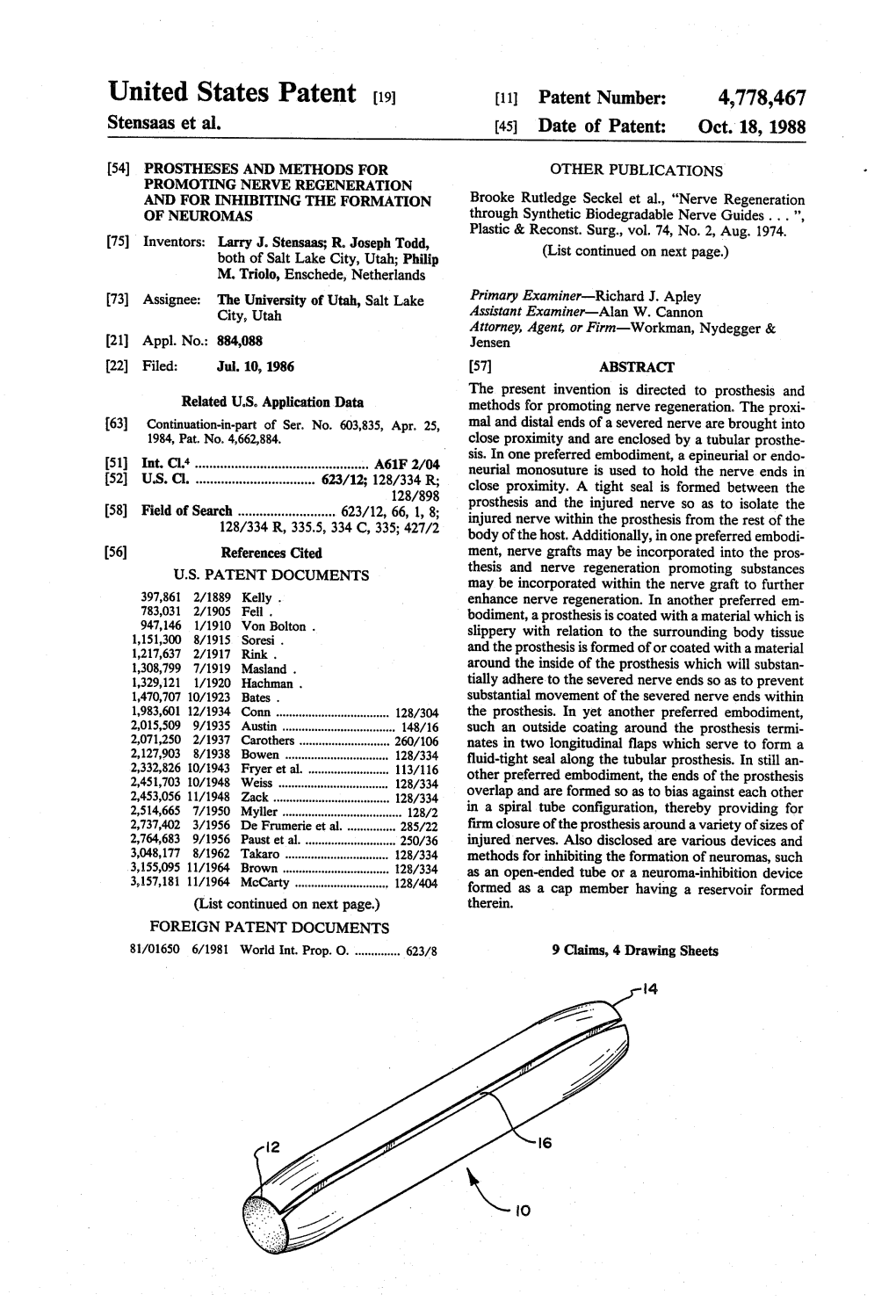 United States Patent (19) 11) Patent Number: 4,778,467 Stensaas Et Al