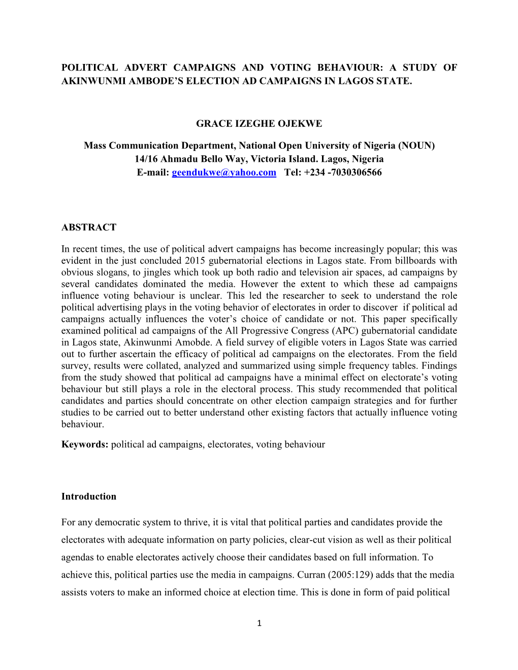 Political Advert Campaigns and Voting Behaviour: a Study of Akinwunmi Ambode’S Election Ad Campaigns in Lagos State